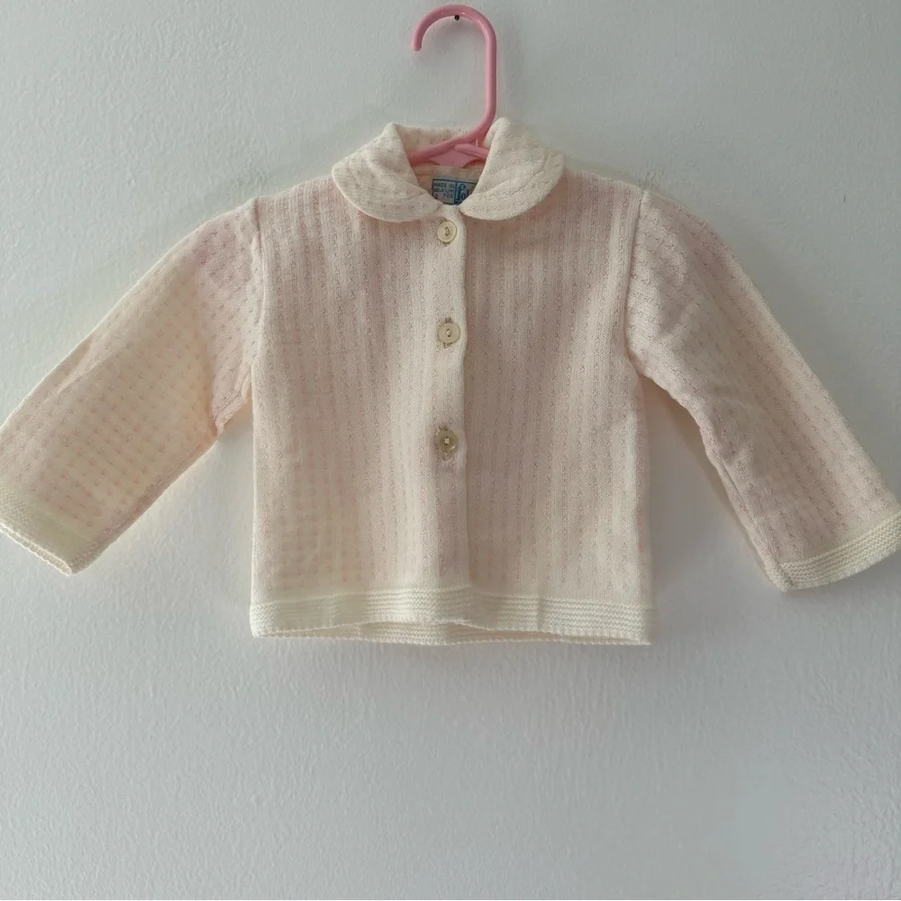 Vintage Foley’s Baby Sweater Set Pink White Knit Cardigan Bonnet Size 6M